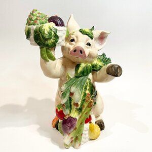 Fitz and Floyd Essentials Percy The Pig Figurine 12” Majolica Kitchen Garden